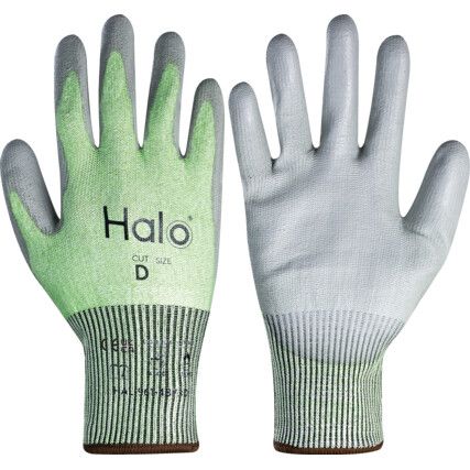 Cut Resistant Gloves, 13 Gauge Cut D, Size 7, Green & Grey, Nylon-PU Palm, EN388: 2016