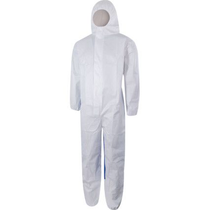 Disposable Hooded Coveralls, Type 5/6, White/Blue, Medium, 40-42" Chest