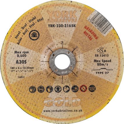 Grinding Disc, 30-Medium/Coarse, 180 x 6 x 22 mm, Type 27, Aluminium Oxide