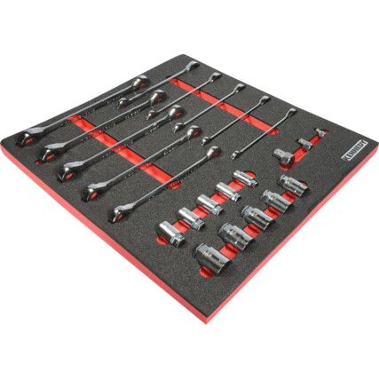 23 Piece Ratchet Combination Spanner Set with Go-Thru Sockets in 2/3 Width Foam Inlay for Tool Chests