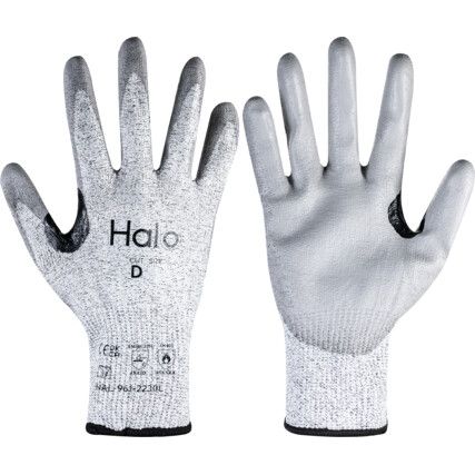 Cut Resistant Gloves, 13 Gauge Cut D, Size 9, Grey, Polyurethane Palm, EN388: 2016