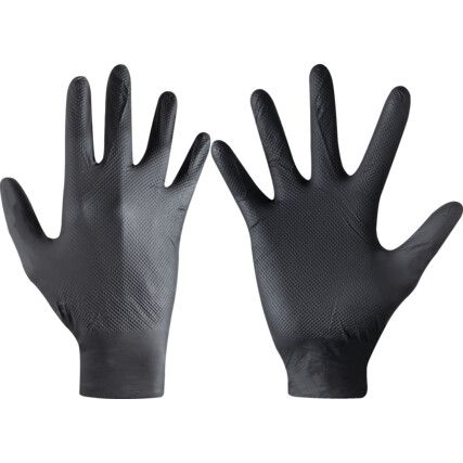 Disposable Gloves, Diamond Grip,  Black, Nitrile, Large, Powder Free, Pack of 50, 8.3g