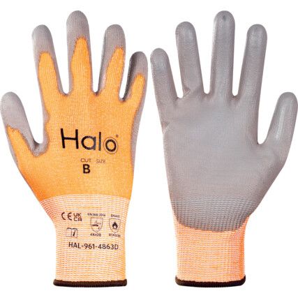 Cut Resistant Gloves, 13 Gauge Cut B, Size 8, Grey & Orange, Nylon-PU Palm, EN388: 2016